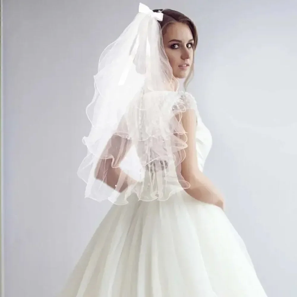 5 Layer Pearl Accents Elbow Bridal Wedding Veil With Satin Bow Comb White Veil